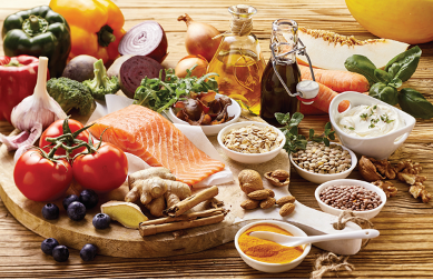 Healthy ingredients sitting on a wooden table.