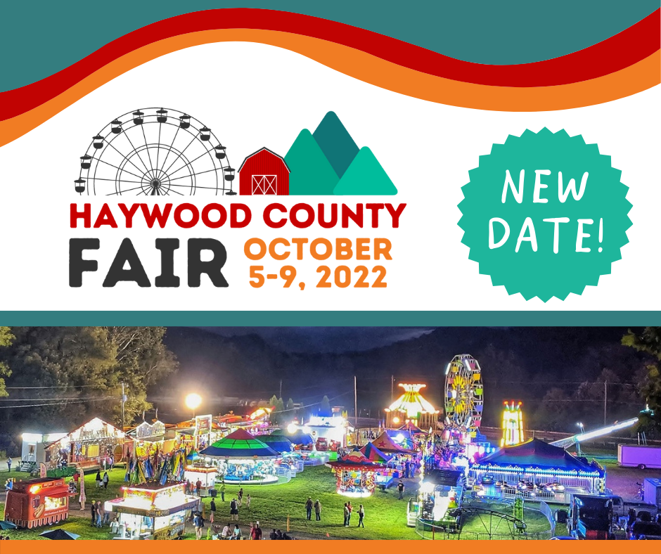 Photo of the rides at the Haywood County Fair stating the new dates of October 5-9, 2022
