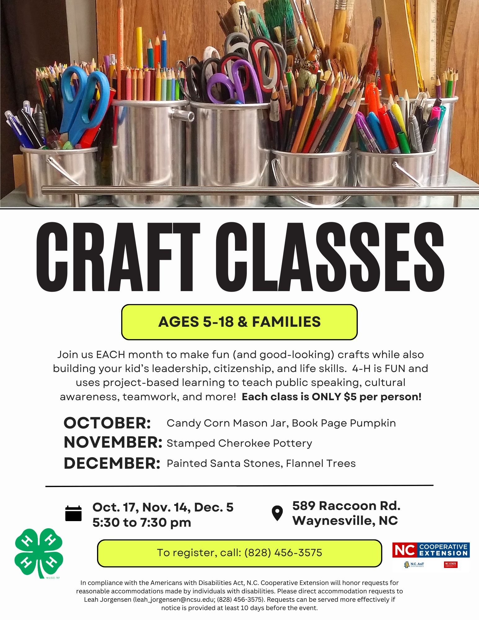 Craft Classes flyer with image of crafting tools like scissors and colored pencils