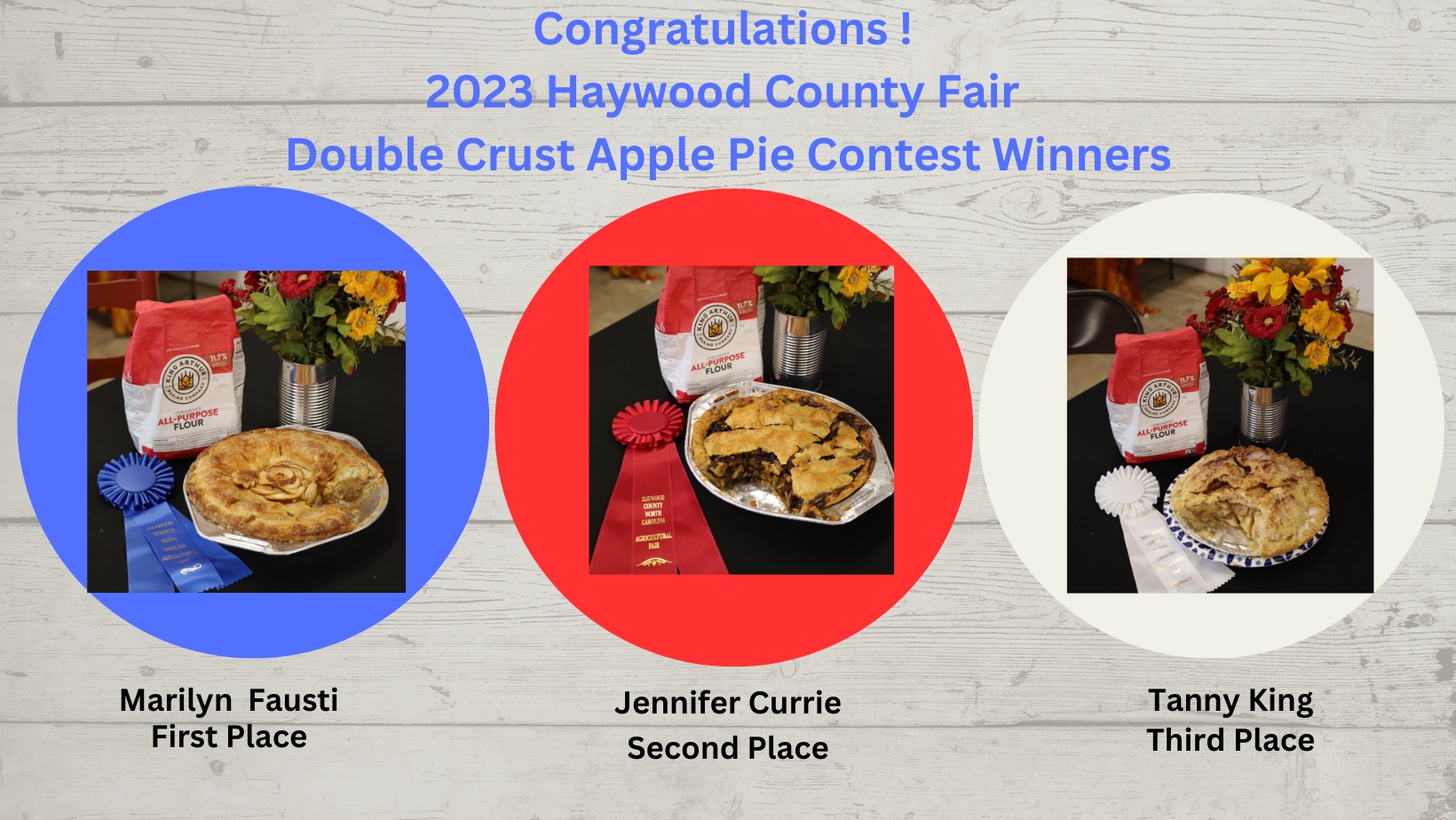 First, Second and Third Place Apple Pie Contest Winners - Pies with Rosettes.