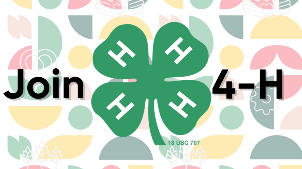 "Join 4-H" written in black with green 4-H clover on tiled 4-H, multicolored, icons background