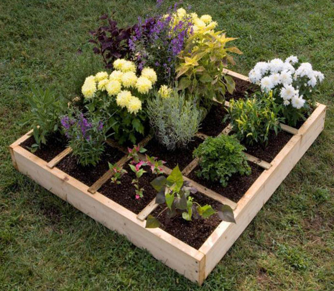 A 4 x 4 foot raised bed divided into 16 squares with flowers and herbs planted in each of the squares.