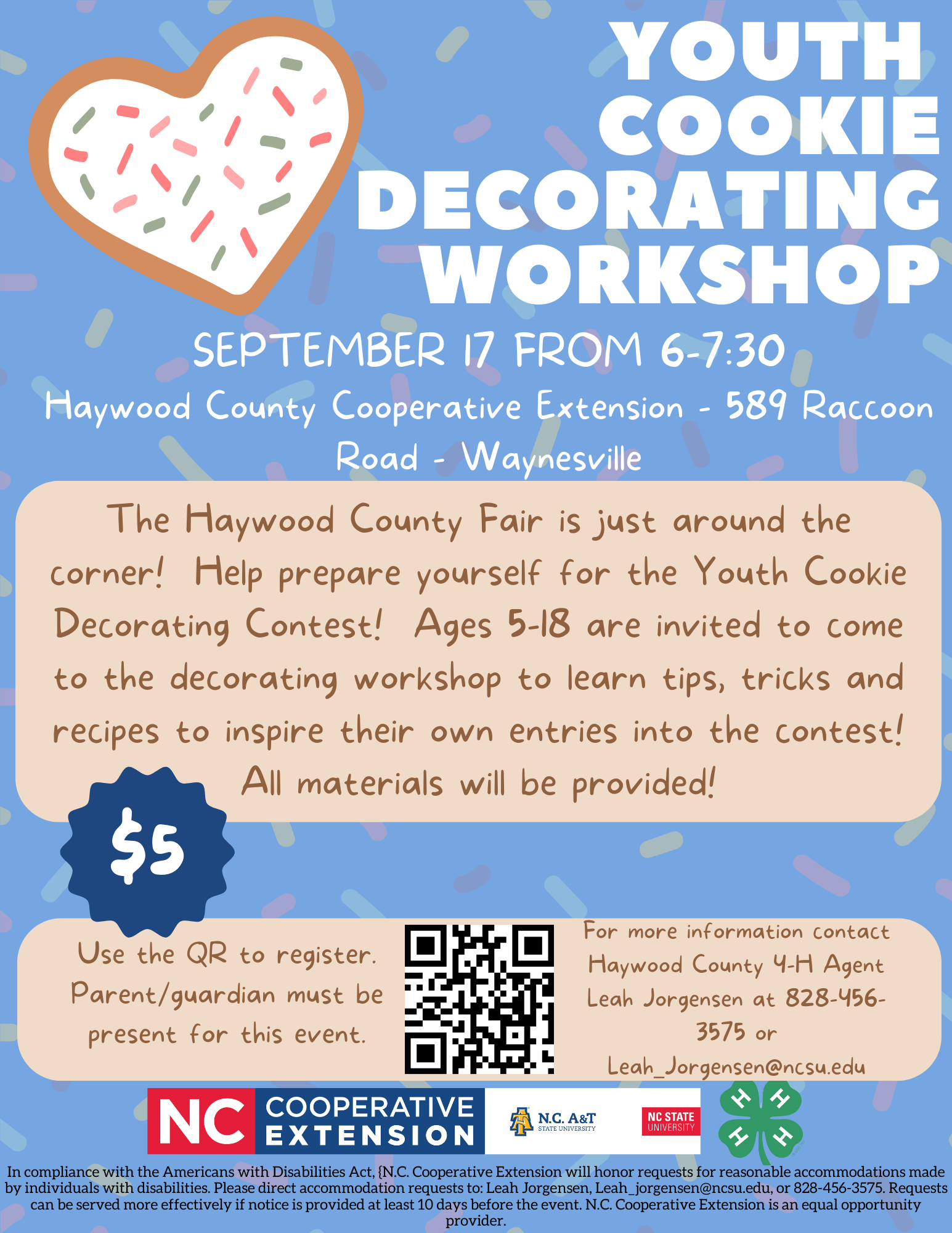 Youth Cookie Decorating Workshop information. September 17 from 6-7:30 at the Haywood County Cooperative Extension 