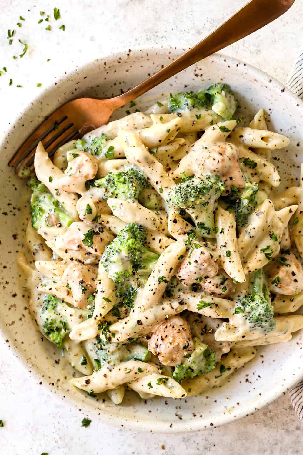 Broccoli and chicken pasta in a bowl.